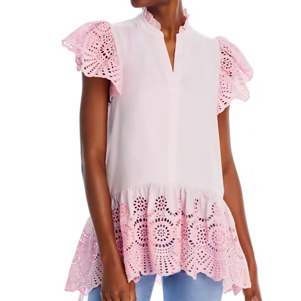 KOKO+MASON Pink and White Flutter Sleeve Peplum Top, SMALL